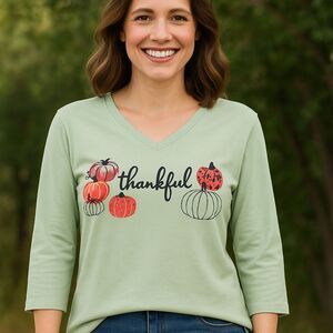 NEW Women's Coral Bay Sz Small "Thankful" 3/4 Sleeve Shirt Thanksgiving Pumpkin